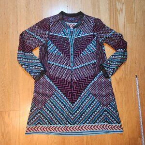 Hale Bob Colorful Tribal Tunic Dress Faux Leather Collar Trim Women's Size S